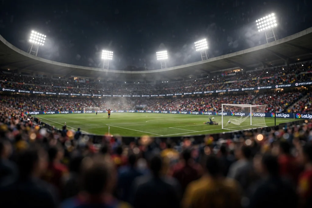 Night football stadium scene during a LaLiga match