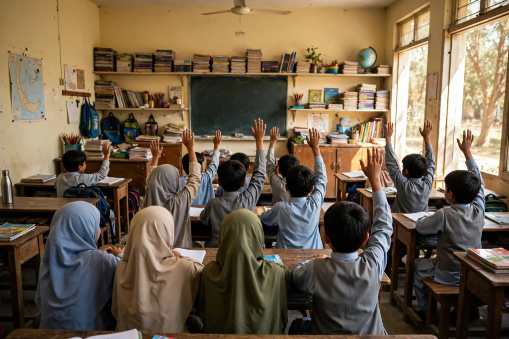 پاکستانی اسکول کے بچے کلاس روم میں — بچوں کے تحفظ کی قومی حکمت عملی 2026