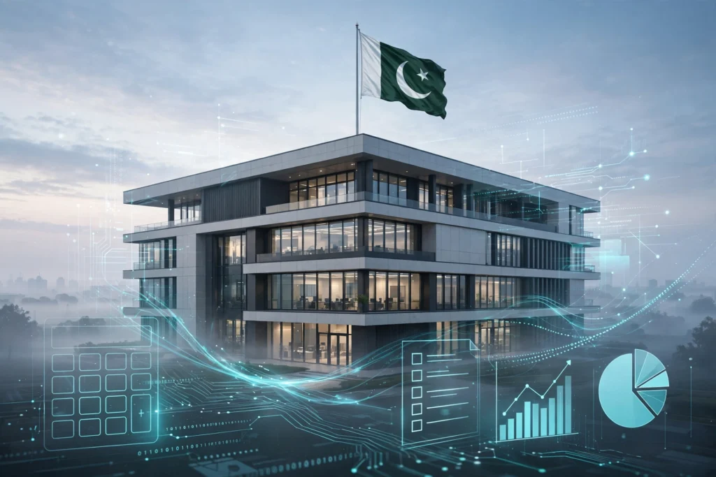اے آئی سے بنی تصویر — قومی پرچم کے ساتھ جدید سرکاری عمارت اور ڈیجیٹل ٹیکس نظام کی علامتیں (اصل شخصیات کی شباہت نہیں)