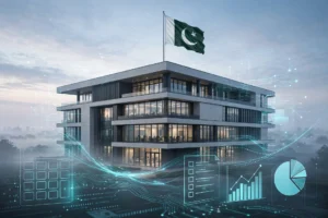 اے آئی سے بنی تصویر — قومی پرچم کے ساتھ جدید سرکاری عمارت اور ڈیجیٹل ٹیکس نظام کی علامتیں (اصل شخصیات کی شباہت نہیں)