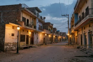 شام کے وقت پاکستانی قصبے کی گلی میں پولیس کی تفتیشی ٹیپ
