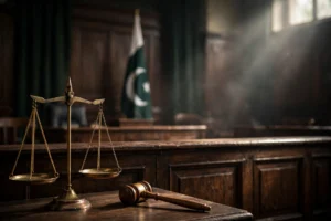 اے آئی سے بنی تصویر — عدالت میں ترازوئے عدالت، ہتھوڑا اور پاکستانی پرچم (اصل شخصیات کی شباہت نہیں)