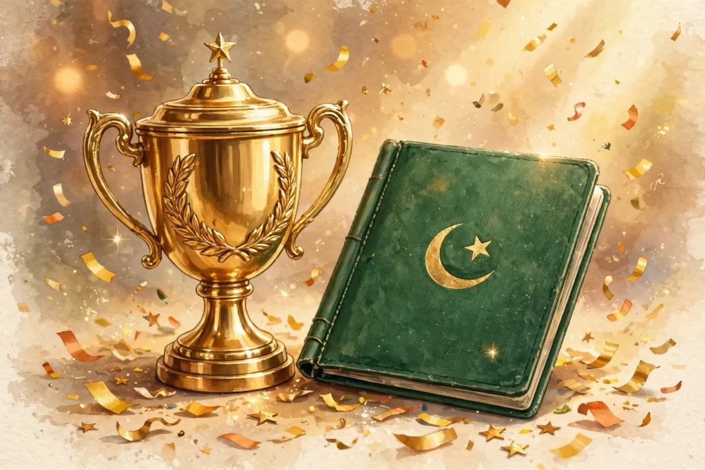 اے آئی سے بنی تصویر — سنہری ٹرافی، گرین سیونگز پاس بک اور خوشی کی کنفیٹی (اصل شخصیات کی شباہت نہیں)