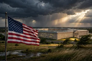 Pentagon with the US flag under a stormy sky — Defence Secretary Hegseth's Iran warning