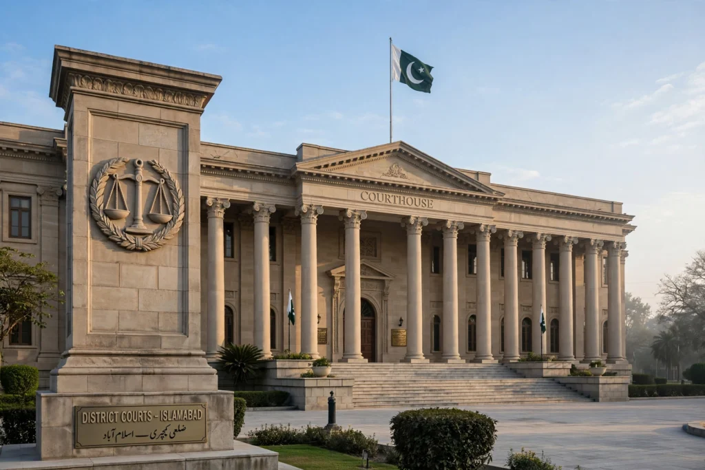 عدالتی عمارت کے باہر انصاف کا ترازو اور قومی پرچم — وکلاء ہڑتال کے اعلان کی خبر