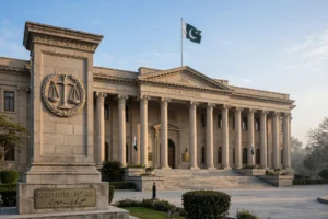 عدالتی عمارت کے باہر انصاف کا ترازو اور قومی پرچم — وکلاء ہڑتال کے اعلان کی خبر
