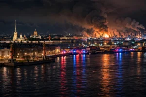 سینٹ پیٹرزبرگ بندرگاہ پر رات کو آگ اور دھواں — ڈرون حملے کے بعد کا منظر