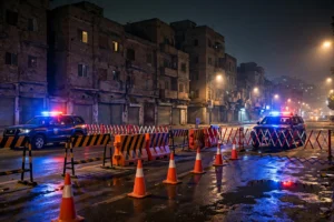 اے آئی سے بنی تصویر — رات میں کراچی کی سڑک پر پولیس ناکہ (اصل شخصیات کی شباہت نہیں)