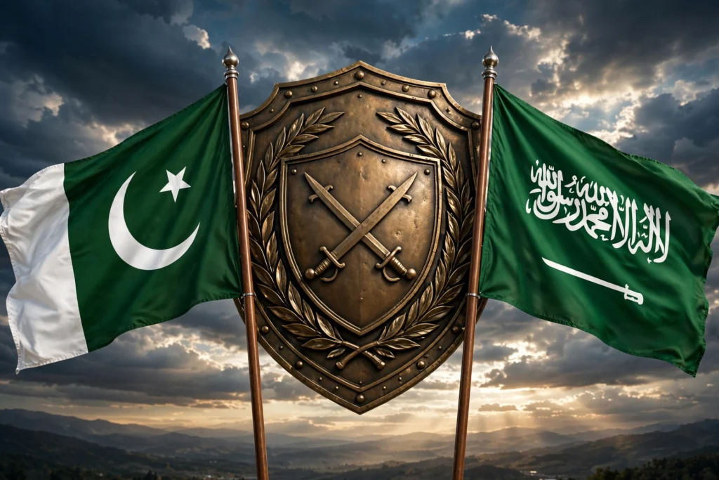 پاکستان اور سعودی عرب کے جھنڈے دفاعی ڈھال کے ساتھ — مشترکہ دفاعی معاہدے کی علامتی تصویر