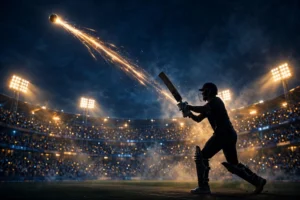 Batsman hitting a six under floodlights in a night T20 match