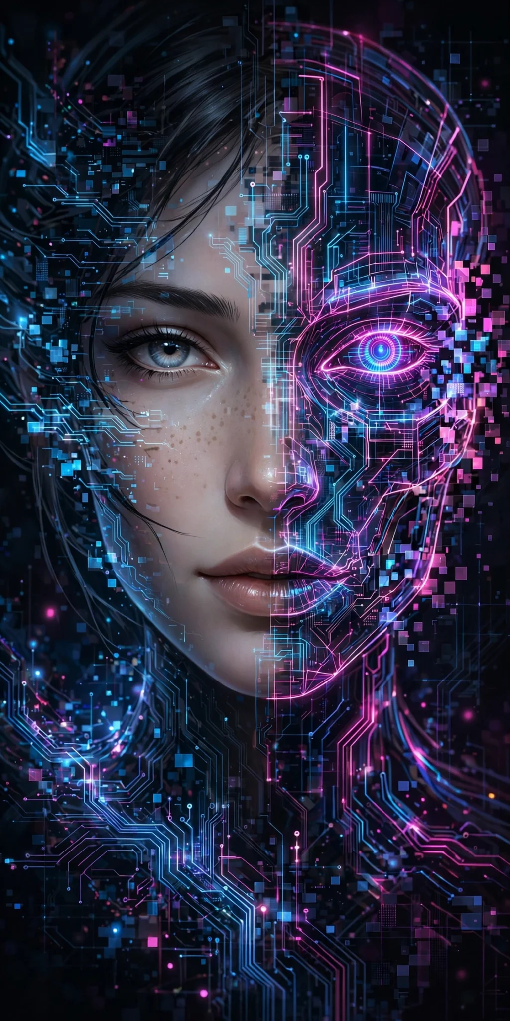 Concept art of an AI-generated digital actress face with holographic circuits