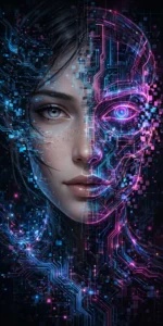 Concept art of an AI-generated digital actress face with holographic circuits