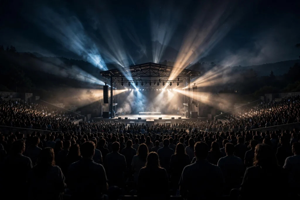 Hollywood Bowl concert at night — glowing amphitheater stage with crowd silhouettes