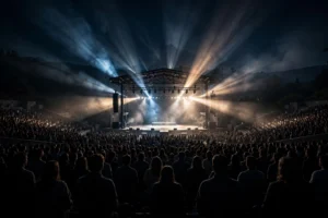 Hollywood Bowl concert at night — glowing amphitheater stage with crowd silhouettes