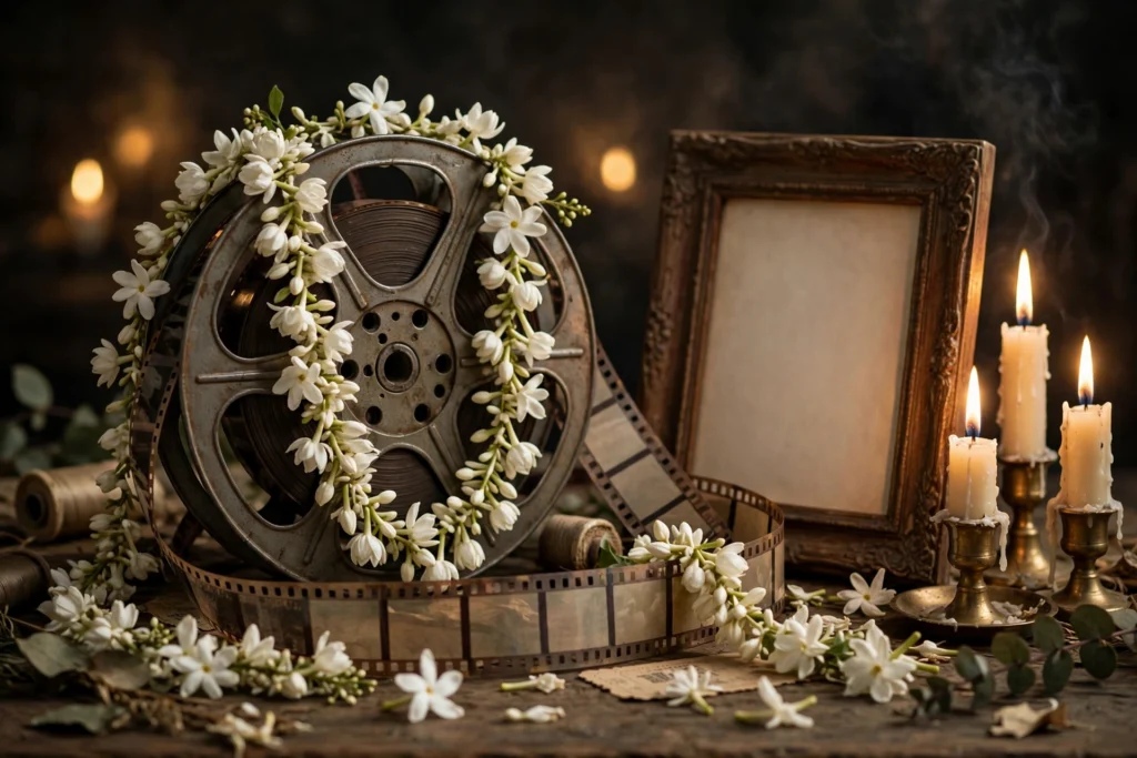 Vintage Bollywood film strip with white flowers and lit candles — a tribute memorial illustration