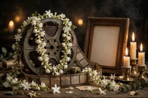 Vintage Bollywood film strip with white flowers and lit candles — a tribute memorial illustration