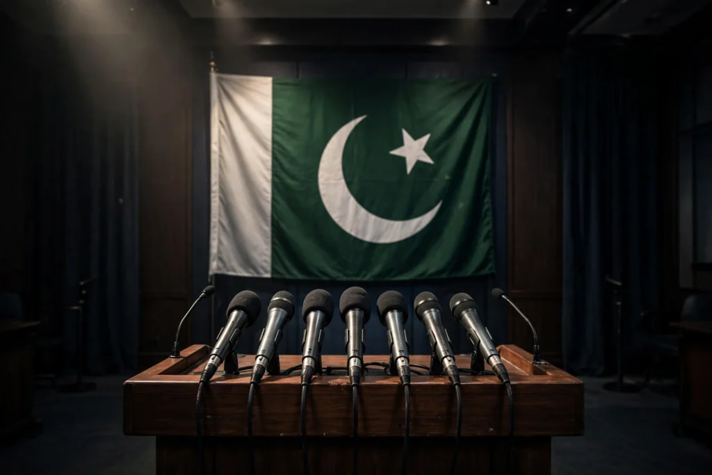 پریس بریفنگ ہال میں مائیکروفون اور پاکستان کا پرچم — طلال چوہدری کا فضل الرحمان پر جوابی وار