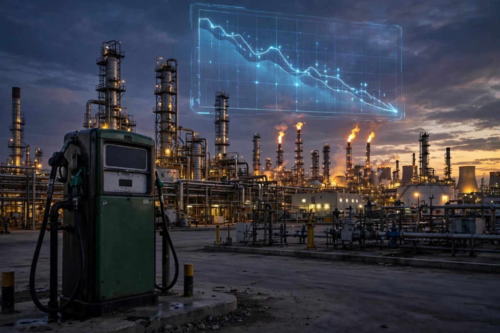 Oil refinery and fuel pumps with declining diesel price chart — Trump Russia sanctions waiver 2026