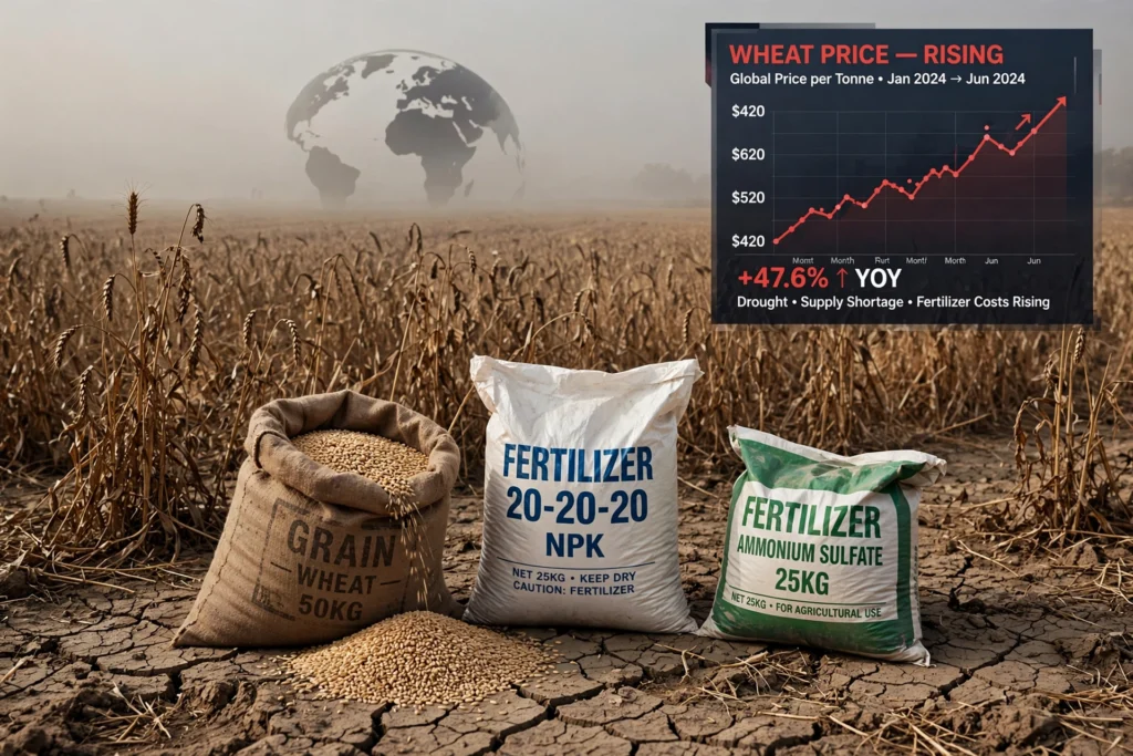 Cracked dry wheat field with a rising price graph — UN warns of a looming global food crisis