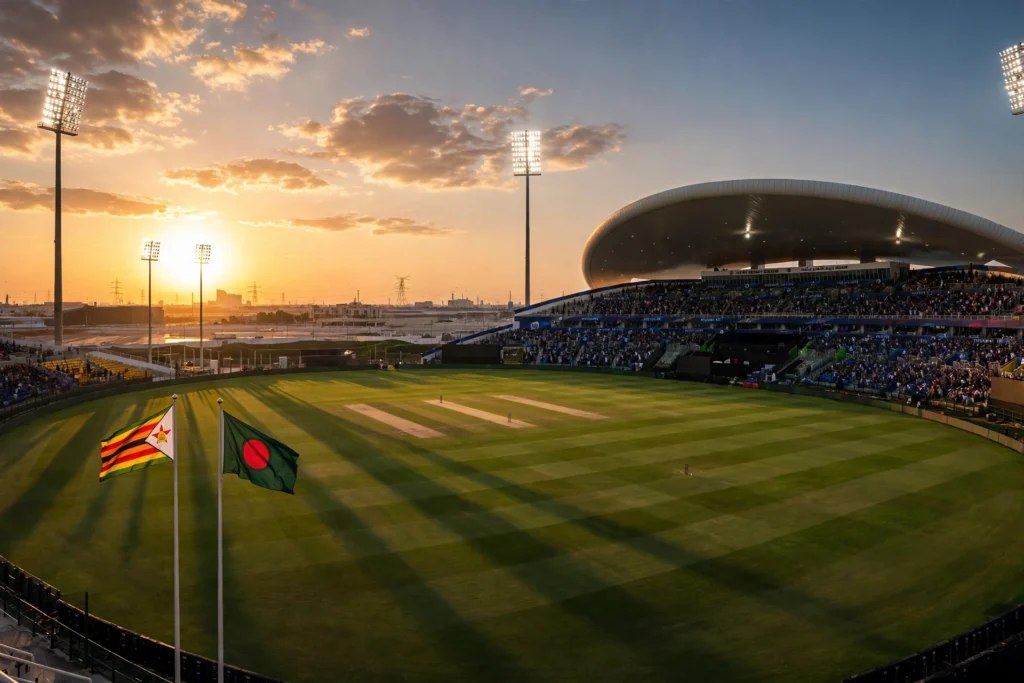 Batsman in a green helmet playing a shot under floodlights in a packed night cricket stadium, Abu Dhabi