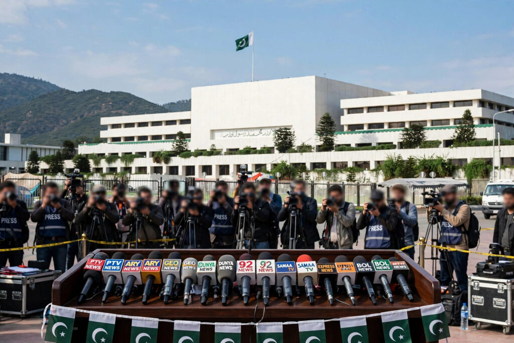 Press conference outside Parliament House Islamabad — file image / اسلام آباد پارلیمنٹ ہاؤس کے باہر پریس کانفرنس — فائل فوٹو