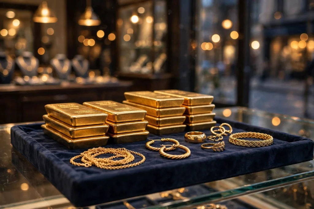 سونے کی قیمتوں میں کمی — دکان میں سونے کی اینٹیں اور زیورات