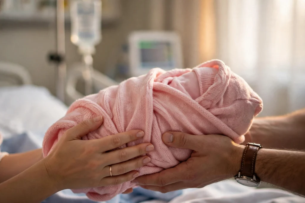 Newborn baby sleeping in a soft pink blanket in a hospital setting