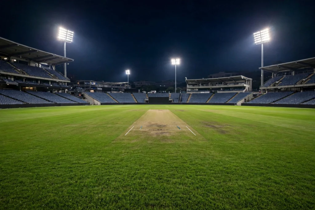 AI-generated image — floodlit cricket stadium with an empty green pitch at night (no real-person likenesses)