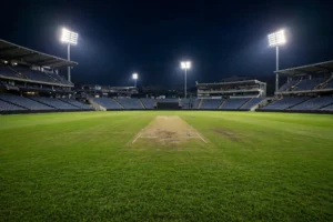 AI-generated image — floodlit cricket stadium with an empty green pitch at night (no real-person likenesses)