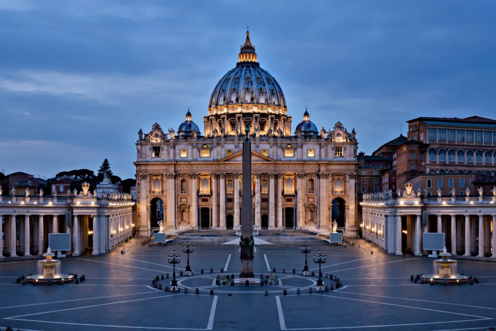 AI-generated image — St Peter's Basilica in Vatican City at dusk (no real-person likenesses)