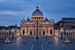 AI-generated image — St Peter's Basilica in Vatican City at dusk (no real-person likenesses)