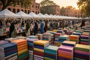 پنجاب یونیورسٹی لاہور کے کتاب میلے میں کتابوں کے ڈھیر اور طلبہ کا رش
