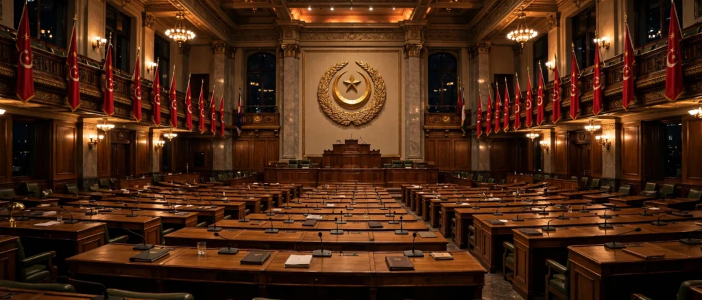 رات کے وقت خالی صوبائی اسمبلی ہال کا منظر