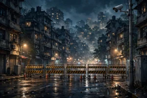 اے آئی سے بنی تصویر — رات کے وقت ممبئی کی گلی میں پولیس رکاوٹ اور سی سی ٹی وی کیمرہ (اصل شخصیات کی شباہت نہیں)