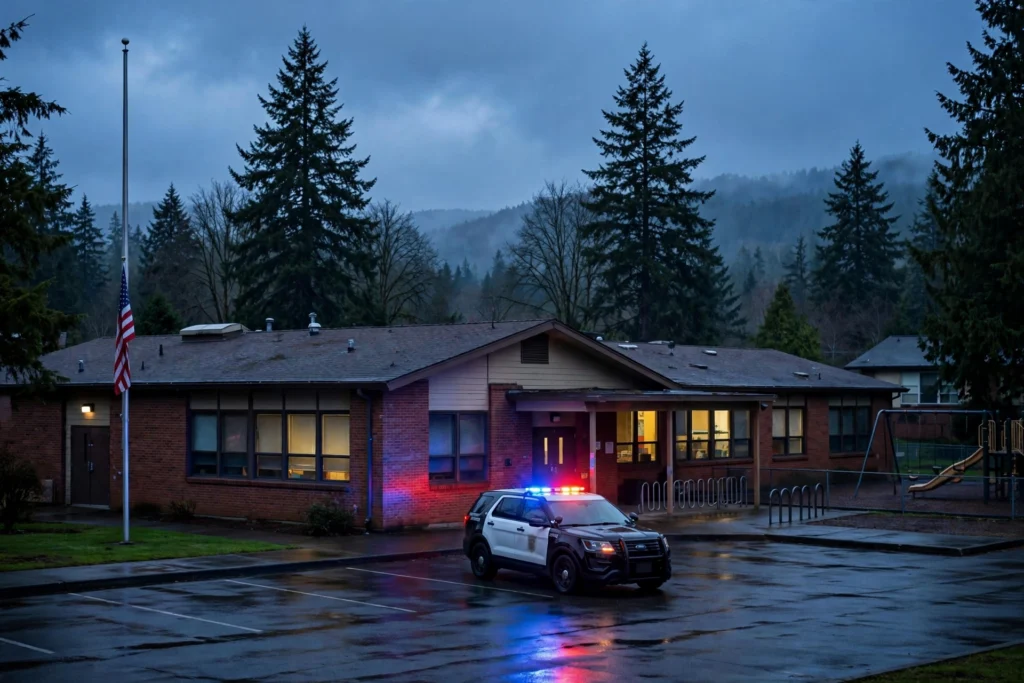 Police car outside a school building at dusk, US flag at half-mast, after the Bend, Oregon school shooting