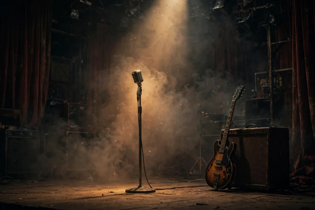Empty 1970s concert stage with a vintage microphone under a spotlight — tribute to David Surkamp
