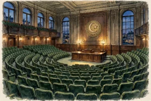 Parliamentary debating chamber illustration at dusk, green seats in curved rows, crescent-and-star emblem on the far wall, speaker's desk under spotlights — no people, no text