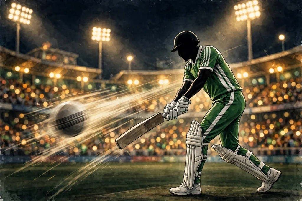 Faceless batsman silhouette in green-and-white kit playing a cover drive in a floodlit night stadium, motion-blurred ball, crowd bokeh — no facial likeness, no text
