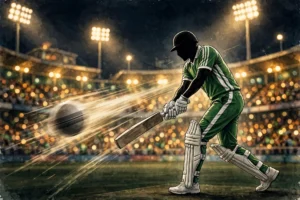 Faceless batsman silhouette in green-and-white kit playing a cover drive in a floodlit night stadium, motion-blurred ball, crowd bokeh — no facial likeness, no text