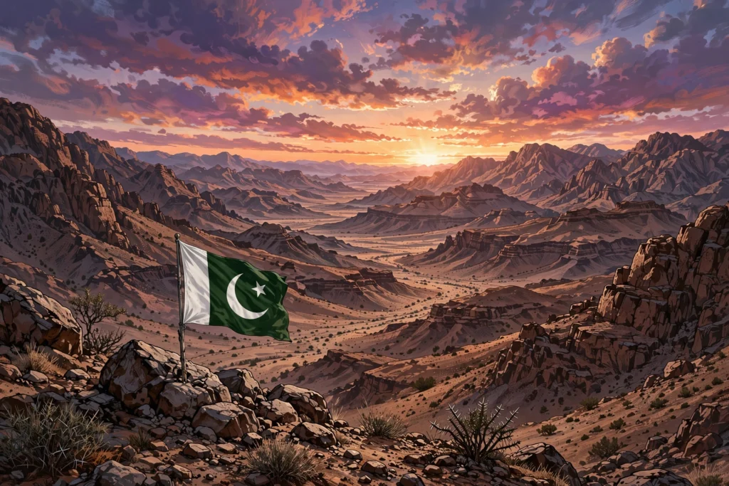 Stylized dawn landscape of a rugged mountainous desert valley with a Pakistani flag on a rocky ridge, dramatic sky — no people, no text