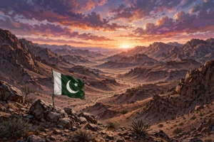 Stylized dawn landscape of a rugged mountainous desert valley with a Pakistani flag on a rocky ridge, dramatic sky — no people, no text