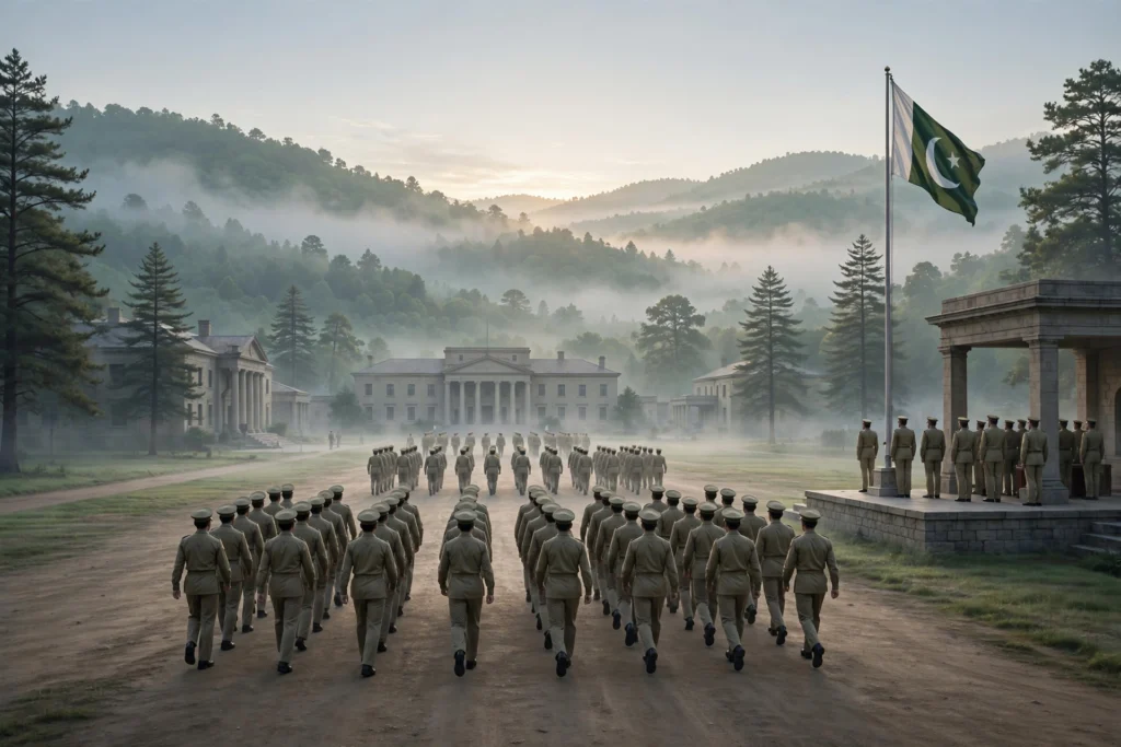 اے آئی سے بنی تصویر — پی ایم اے کاکول میں پاسنگ آؤٹ پریڈ، کیڈٹس اور پاکستان کا پرچم (اصل شخصیات کی شباہت نہیں)