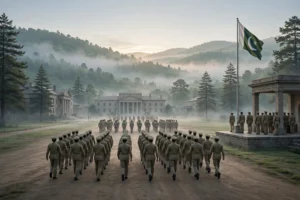 اے آئی سے بنی تصویر — پی ایم اے کاکول میں پاسنگ آؤٹ پریڈ، کیڈٹس اور پاکستان کا پرچم (اصل شخصیات کی شباہت نہیں)