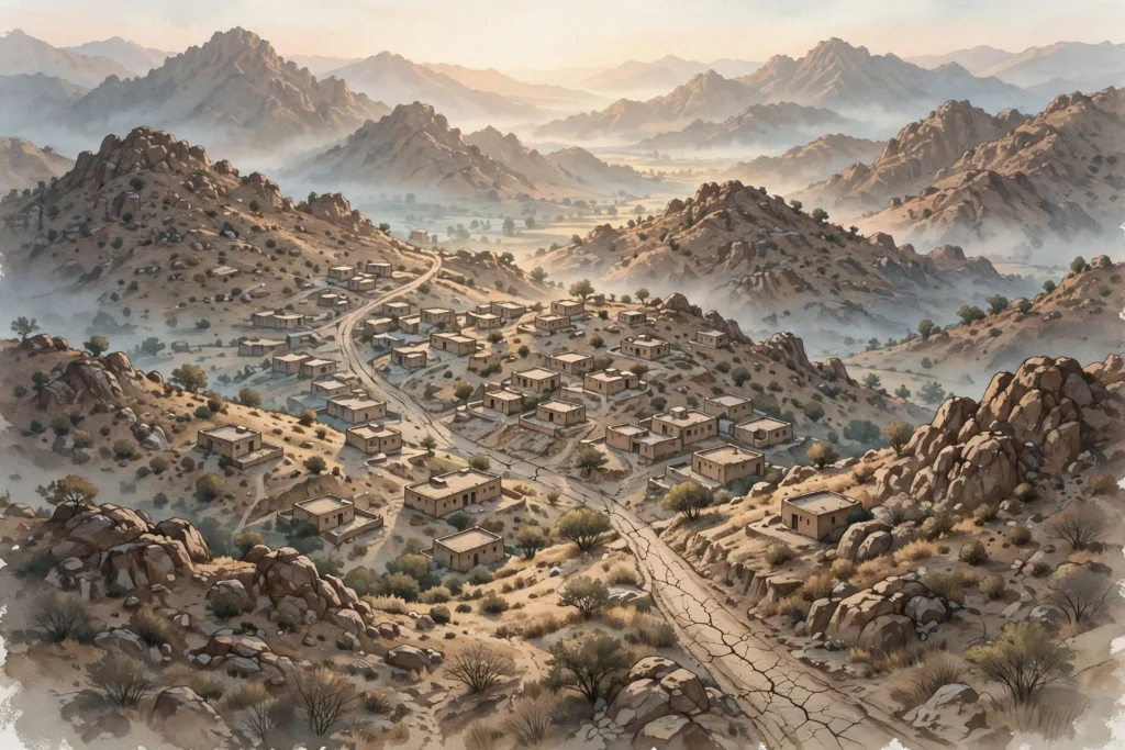 اے آئی سے بنی تصویر — طلوع آفتاب میں بلوچستان کے پہاڑی قصبے کا منظر (اصل شخصیات کی شباہت نہیں)