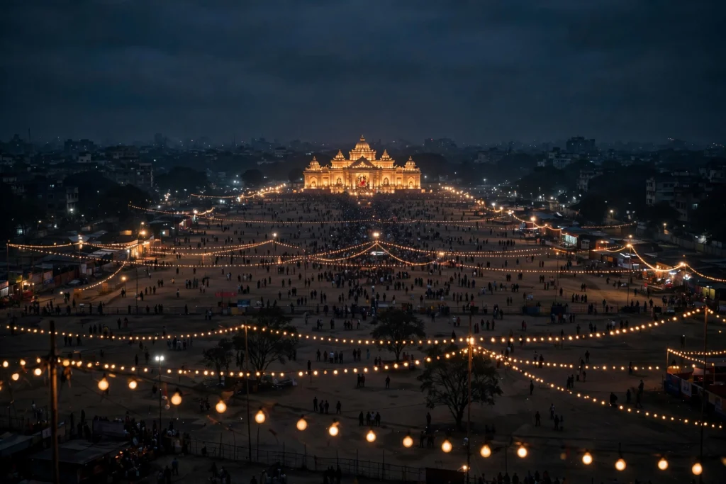 AI-generated image — wide night view of a Durga Puja festival ground in Kolkata with the illuminated pandal and crowds in the distance (no real persons)