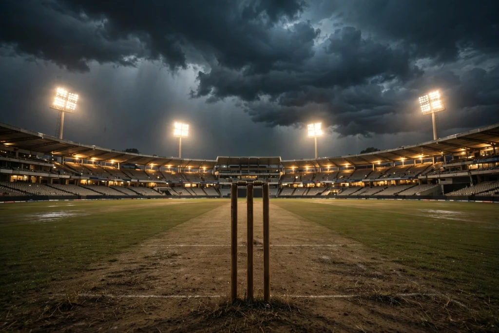 Cricket stadium under floodlights at night with dramatic clouds — IND vs WI 5th T20I series decider in Bengaluru 2026