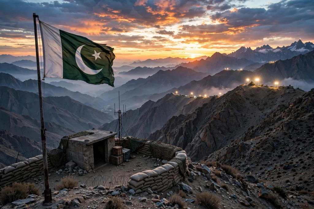غروب آفتاب میں پہاڑوں میں پاکستان کی سرحدی چوکی، لہراتا ہوا قومی پرچم، دور پہاڑوں کی سیریز