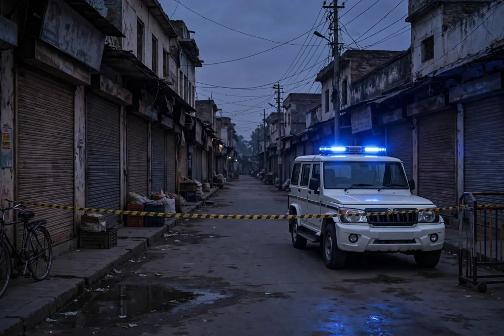 شام کے وقت پولیس کی گاڑی بازار میں — میانوالی واقعہ کی علامتی تصویر