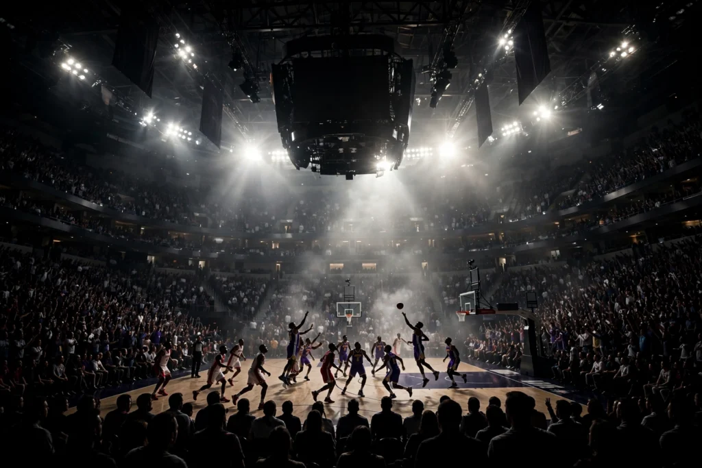 Basketball arena packed with fans during a WNBA Finals game, two teams in contrasting colors battling under bright lights