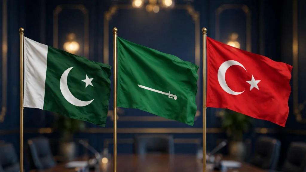 پاکستان، سعودی عرب اور ترکی کے جھنڈے — مکہ جوائنٹ ڈیفنس معاہدے کی علامتی تصویر